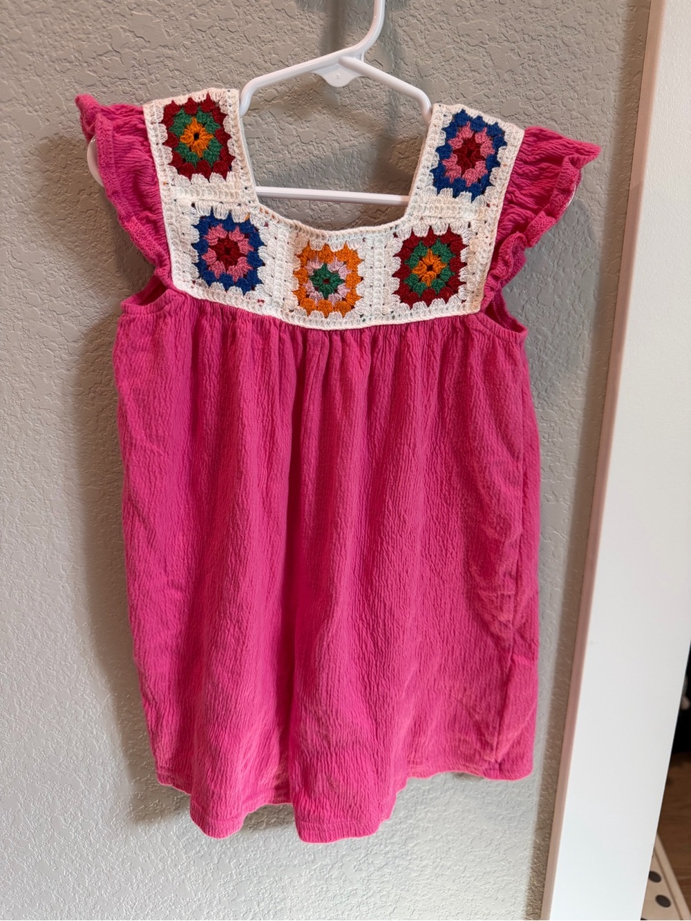 Primark Bright Pink Girls' Dress with Crochet Multicolor Yoke